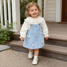Girls Denim Pinafore Dress, Lace Ruffle Blouse Two-Piece Set, Back to School Outfit