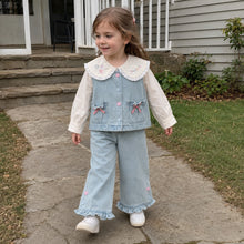 Girls Denim Vest, Lace Collar Blouse and Wide-Leg Pants, 3-Piece Back to School Outfit