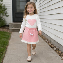 Girls Pink Heart Top and Textured Skirt Set, 2-Piece Back to School Outfit