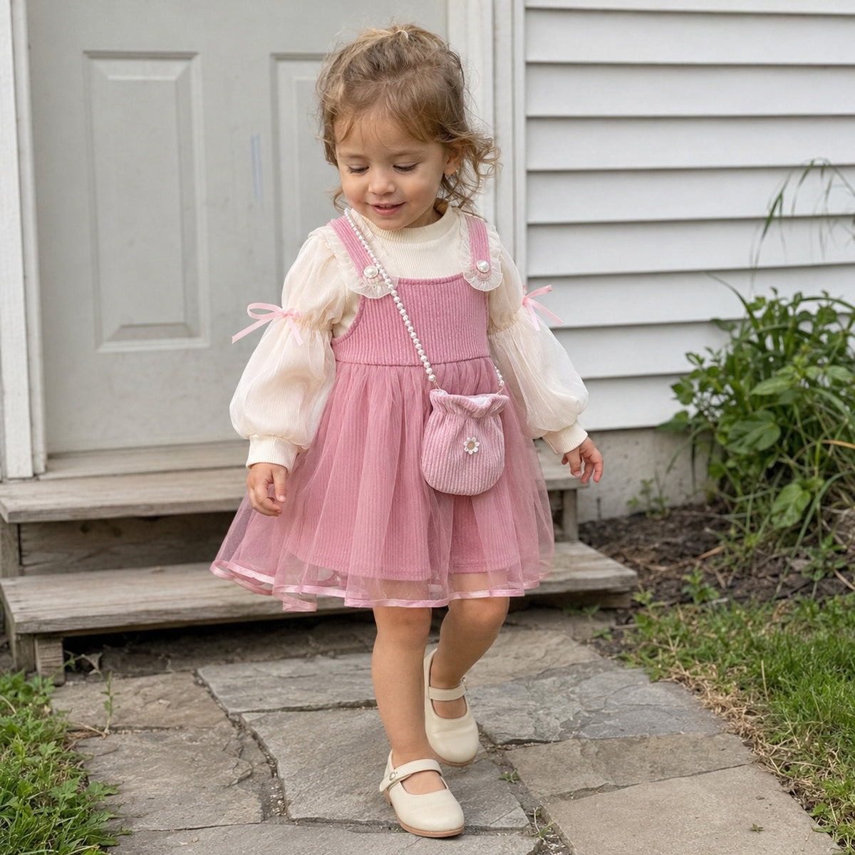 Toddler girl wearing dusty pink pinafore outfit outdoors
