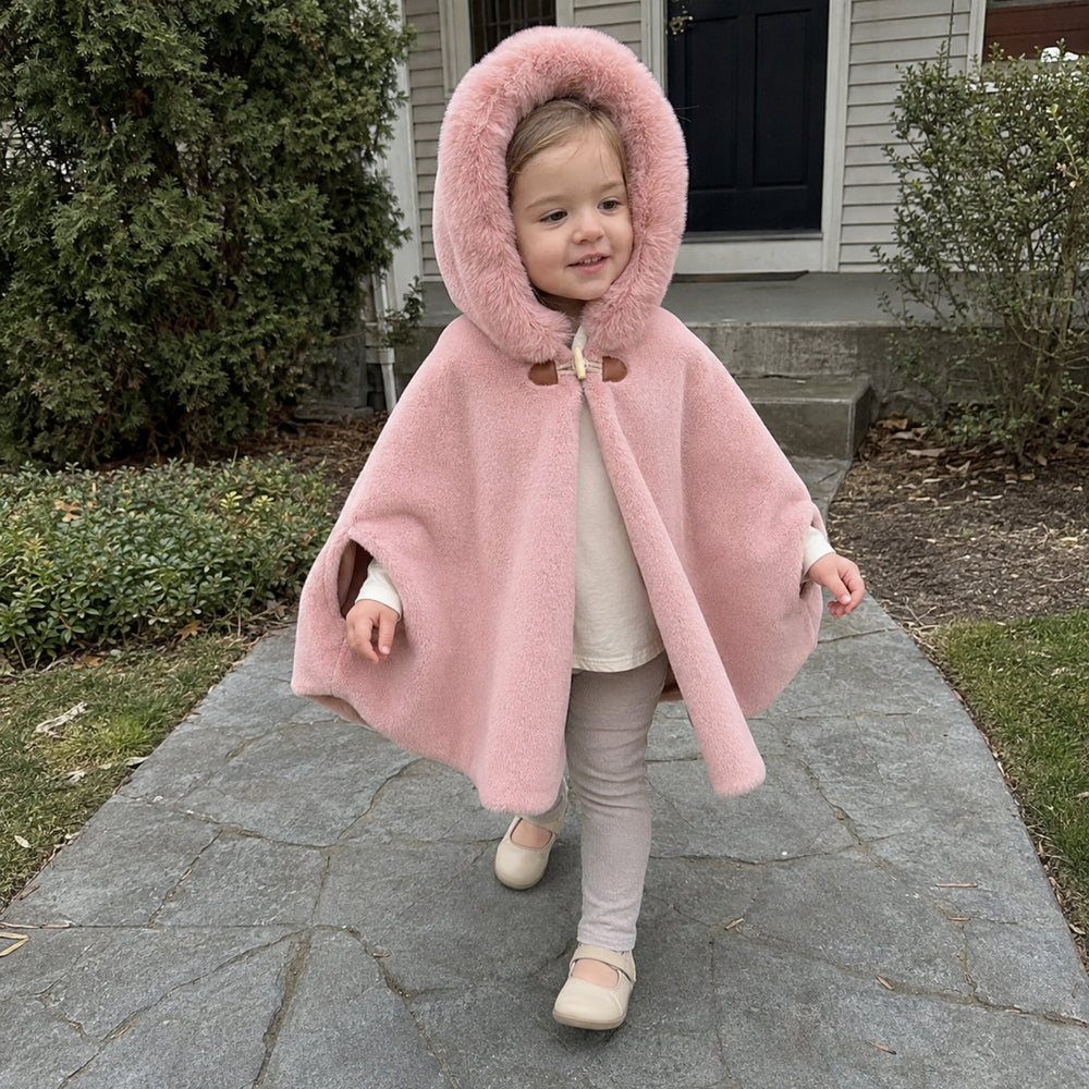 Girls Hooded Cape Coat with Faux Fur Trim, Toddler Fall Winter Poncho