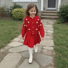 Toddler Girl Fall Outfit, Floral Knit Cardigan & Red Pleated Skirt Set