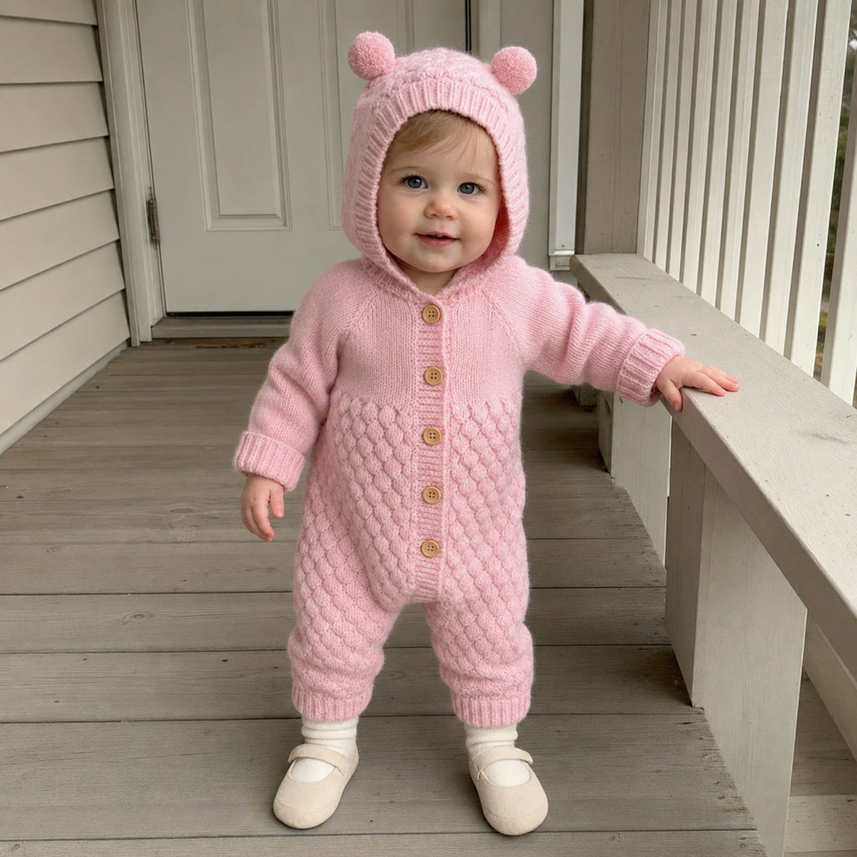 Toddler wearing pink hooded knit romper on a porch