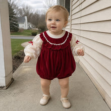Baby Girl Red Velvet Bubble Romper with Ivory Puff Sleeves and Ruffle Collar