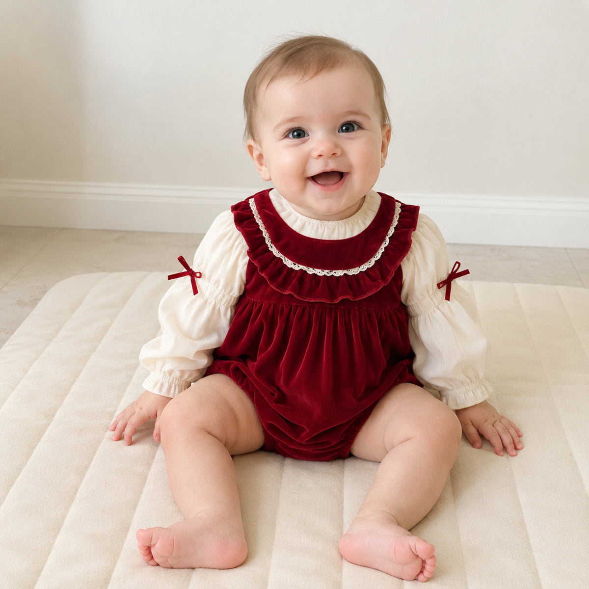 Baby in red ivory puff sleeve romper in nursery