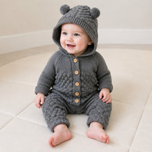 Baby Bear Ear Hooded Knit Romper with Wooden Buttons, 4 Colors