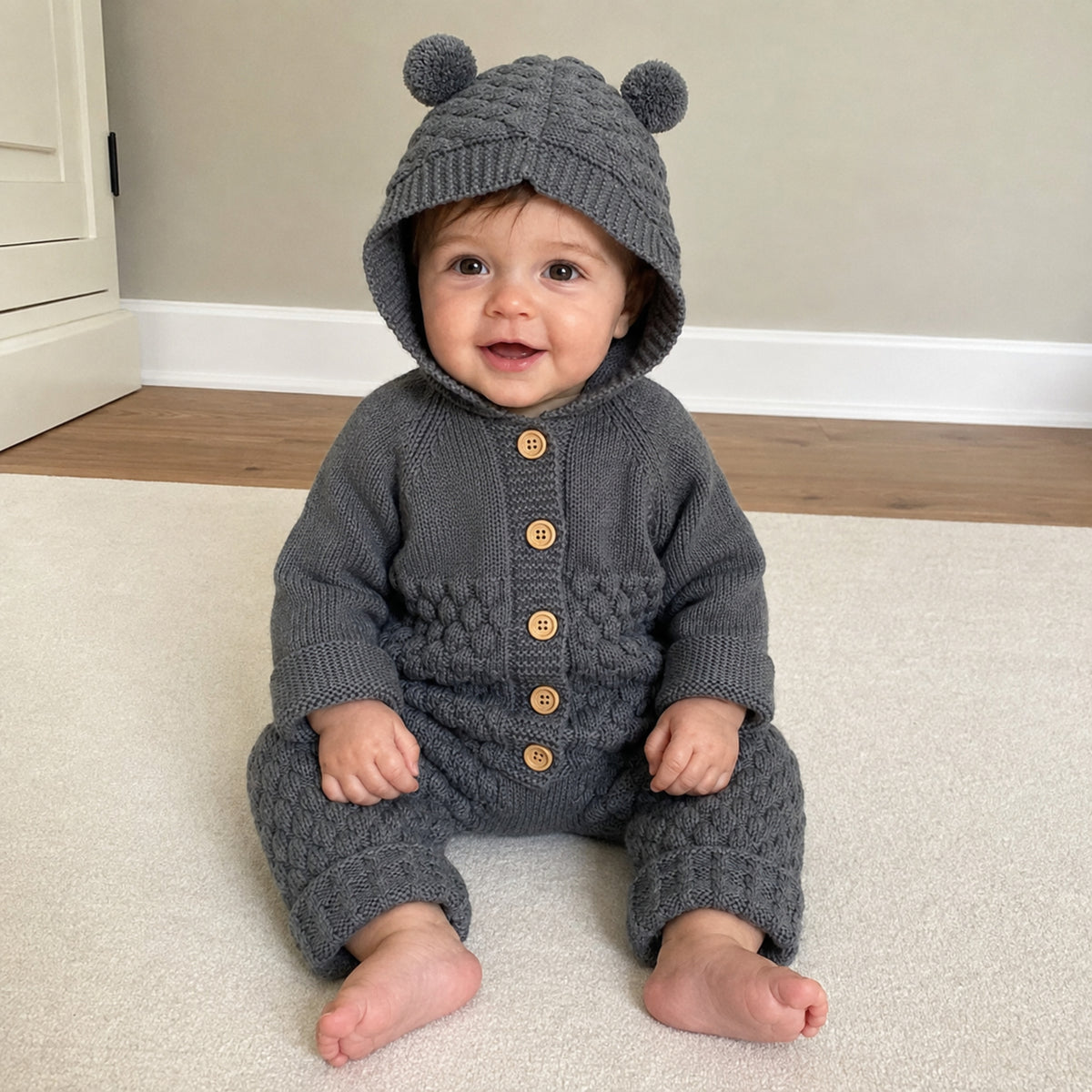 Baby wearing charcoal grey knit romper in nursery