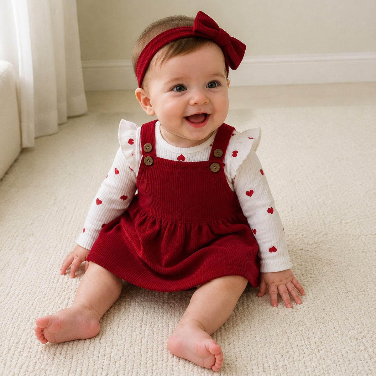 Red corduroy baby pinafore dress with heart romper