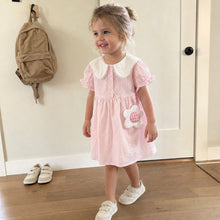Girls Peter Pan Collar Summer Dress with Flower Pocket, Pink or White