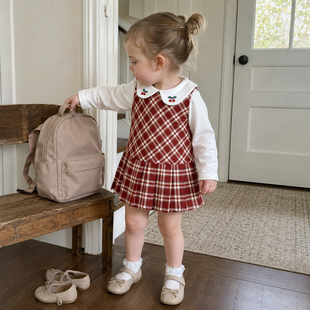 Girls Red Plaid Jumper Dress and Cherry Embroidered Peter Pan Collar Top Set