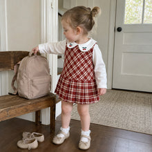 Girls Red Plaid Jumper Dress and Cherry Embroidered Peter Pan Collar Top Set
