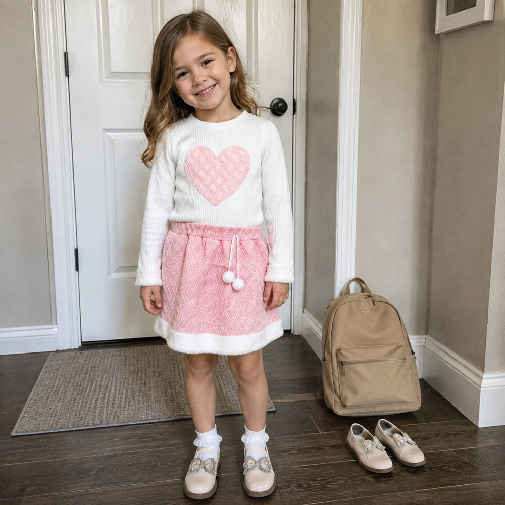 Girls Pink Heart Top and Textured Skirt Set, 2-Piece Back to School Outfit