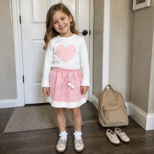 Girls Pink Heart Top and Textured Skirt Set, 2-Piece Back to School Outfit