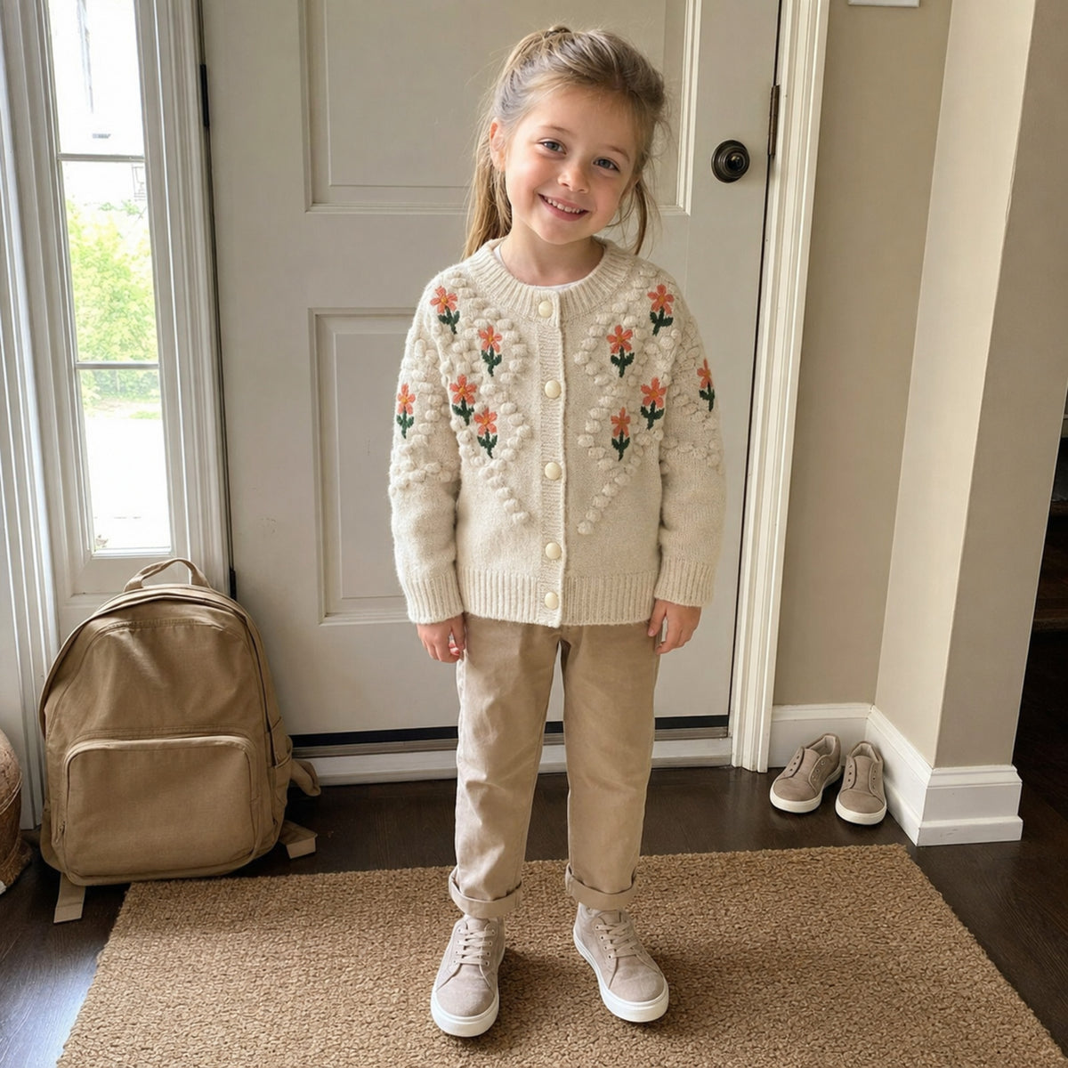 Beige cardigan for a back to school morning