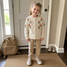 Girls Floral Embroidered Bobble Knit Cardigan, Beige or Red Back to School Sweater