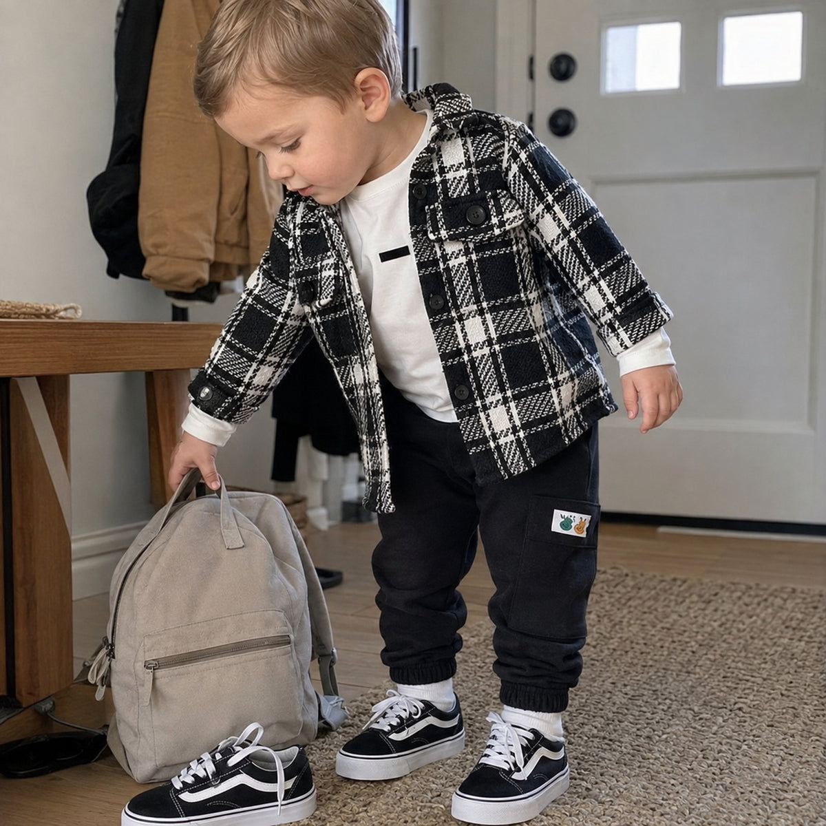 Boys plaid back to school outfit with subtle backpack