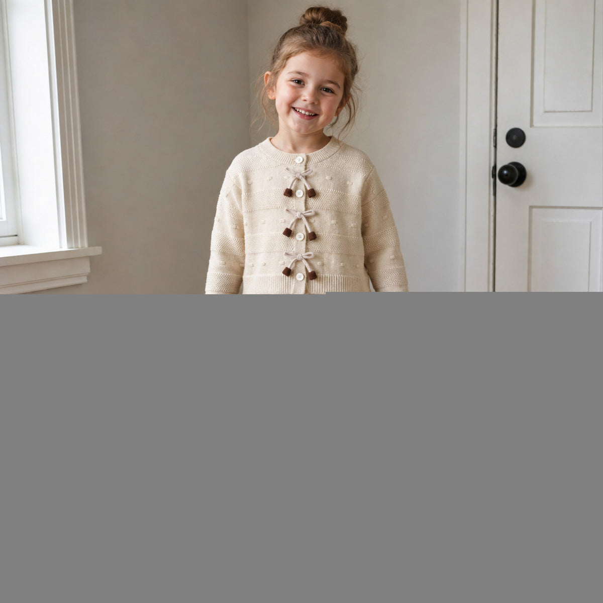 Ivory bow cardigan skirt set for school morning