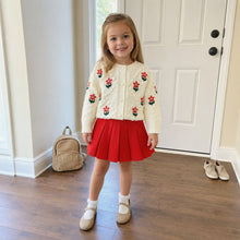 Toddler Girl Fall Outfit, Floral Knit Cardigan & Red Pleated Skirt Set