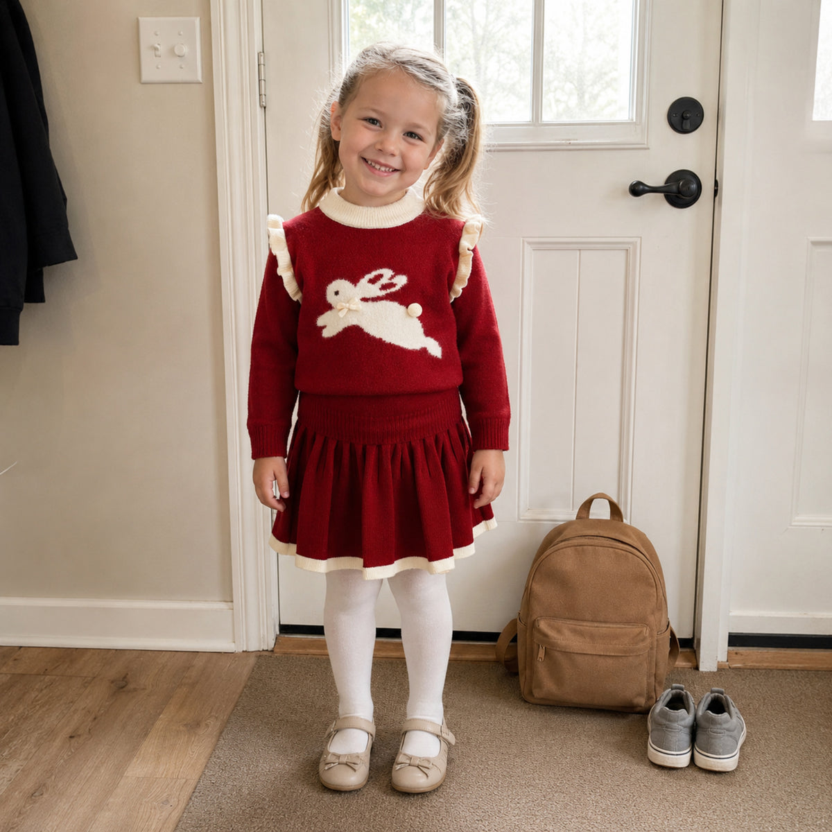 Red bunny knit set for a school morning