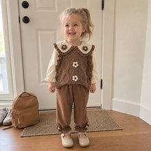 Girls Cable Knit Sweater Vest, Ruffle Collar Blouse and Pants, 3-Piece Back to School Set