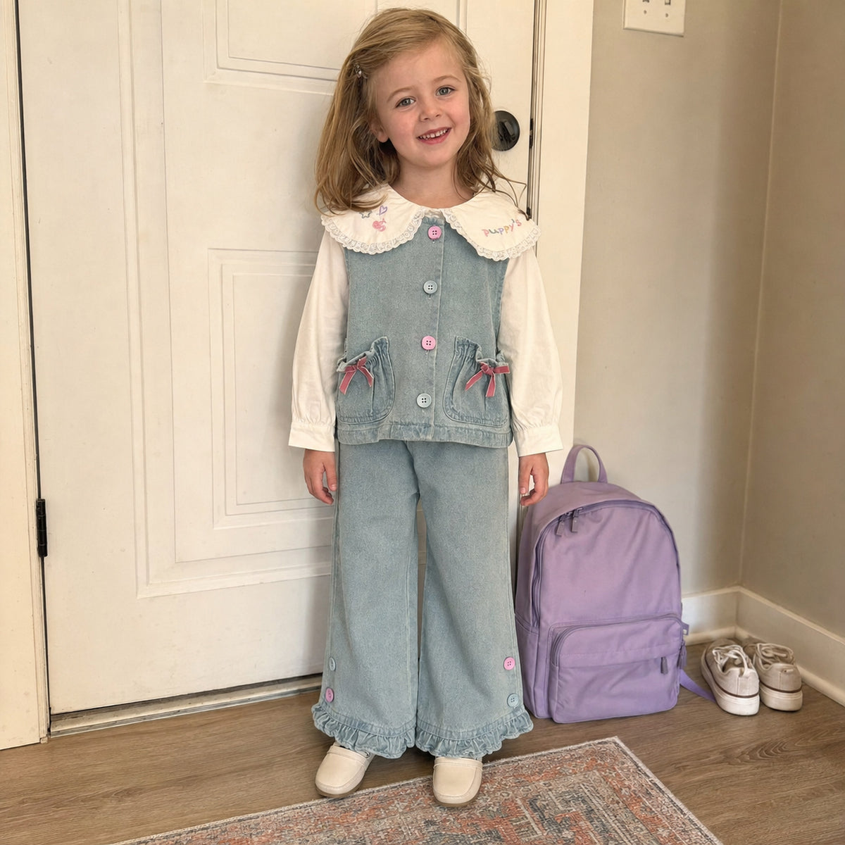Girls back to school denim outfit at a home entryway