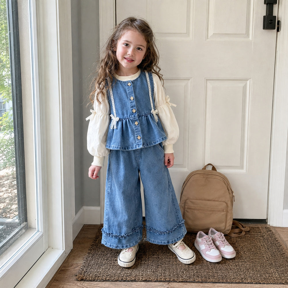 Girls Denim Vest and Wide-Leg Pants Set, 2 or 3-Piece Back to School Outfit
