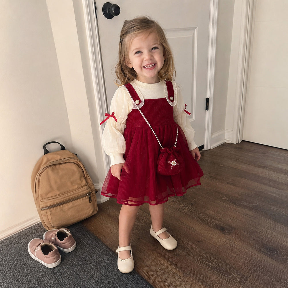 Girls Corduroy Pinafore Dress, Puff-Sleeve Top and Mini Purse, 3-Piece Back to School Set