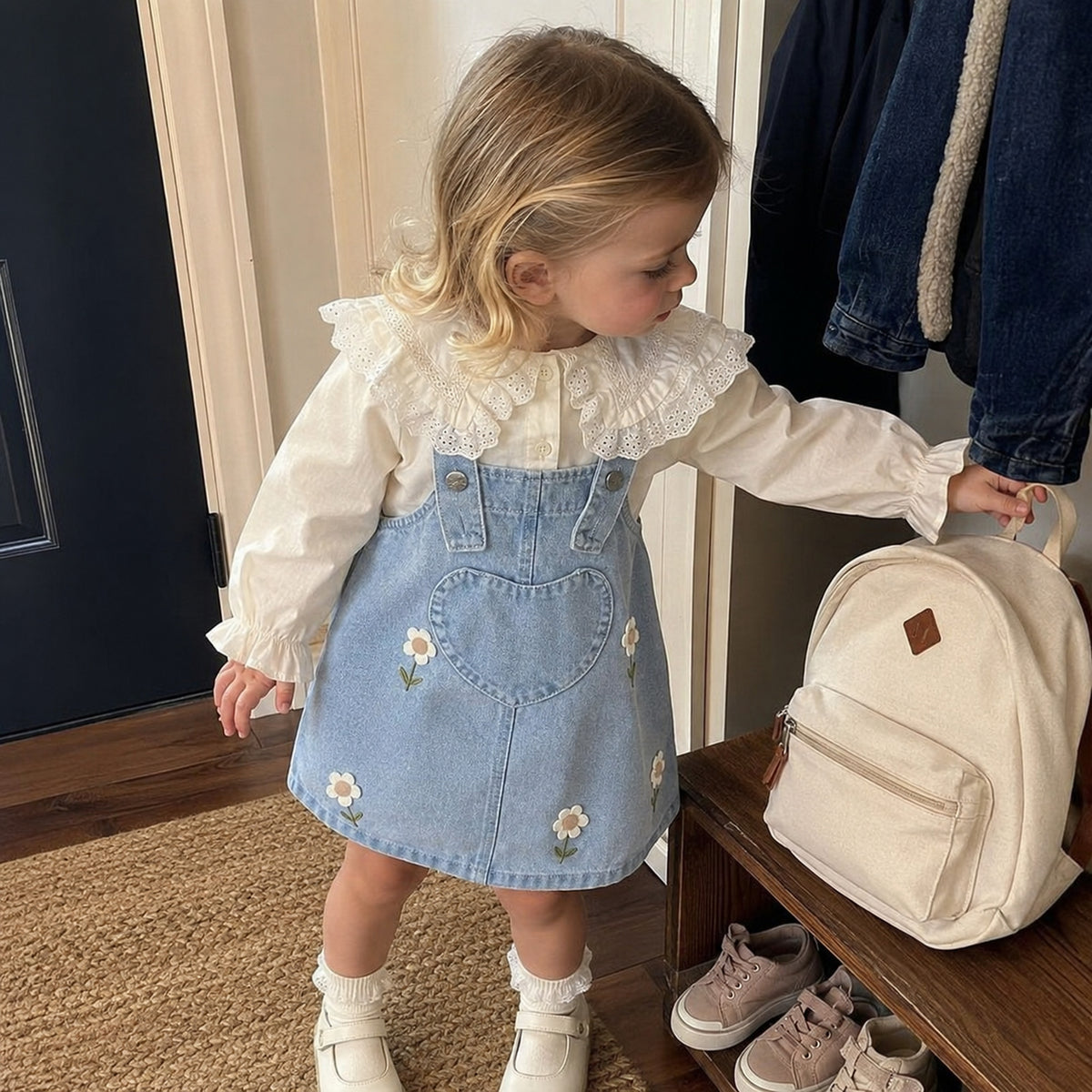Back to School girls denim pinafore outfit with a small backpack