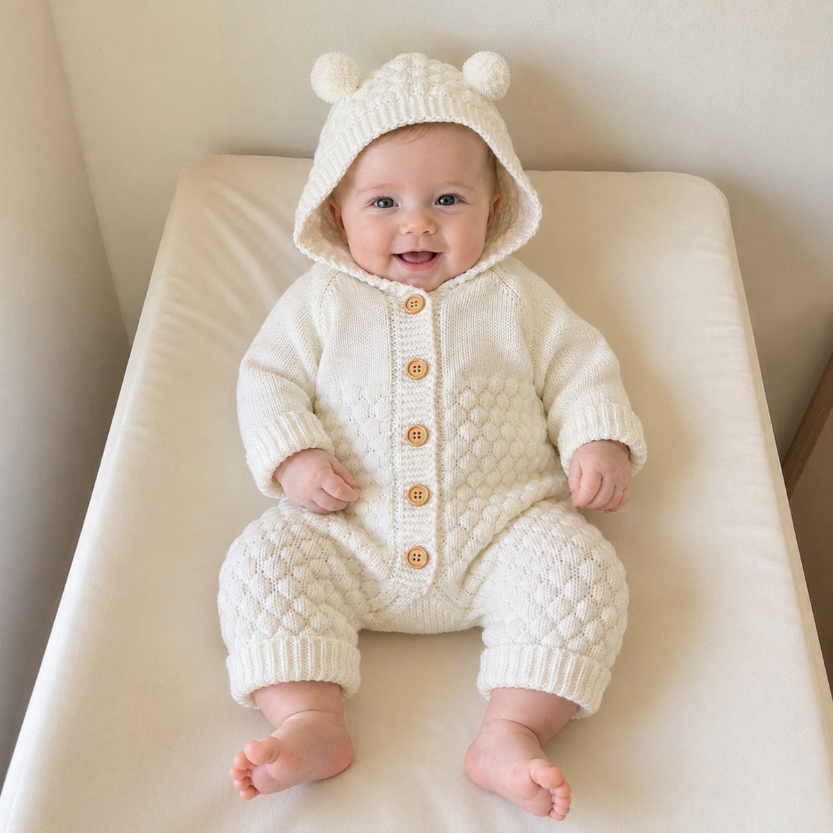Baby wearing creamy white knit romper in nursery