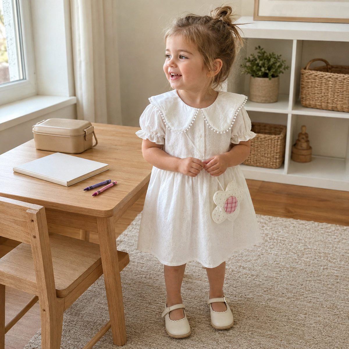 White summer dress in a home play nook