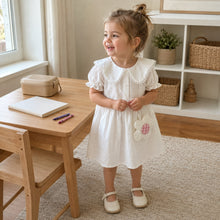 Girls Peter Pan Collar Summer Dress with Flower Pocket, Pink or White