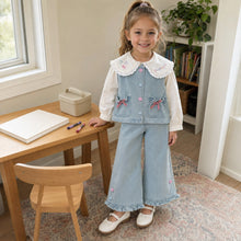 Girls Denim Vest, Lace Collar Blouse and Wide-Leg Pants, 3-Piece Back to School Outfit
