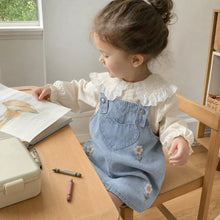 Girls Denim Pinafore Dress, Lace Ruffle Blouse Two-Piece Set, Back to School Outfit