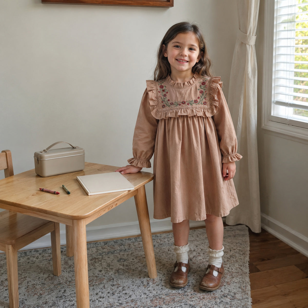 Ruffle bib cotton dress for classroom and school photos
