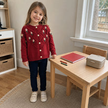Girls Floral Embroidered Bobble Knit Cardigan, Beige or Red Back to School Sweater