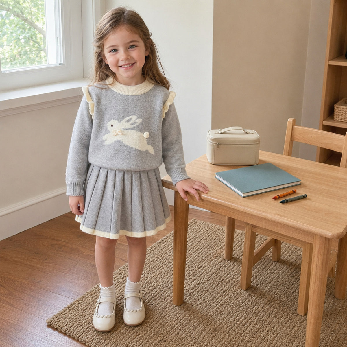 Grey bunny sweater skirt set in learning nook