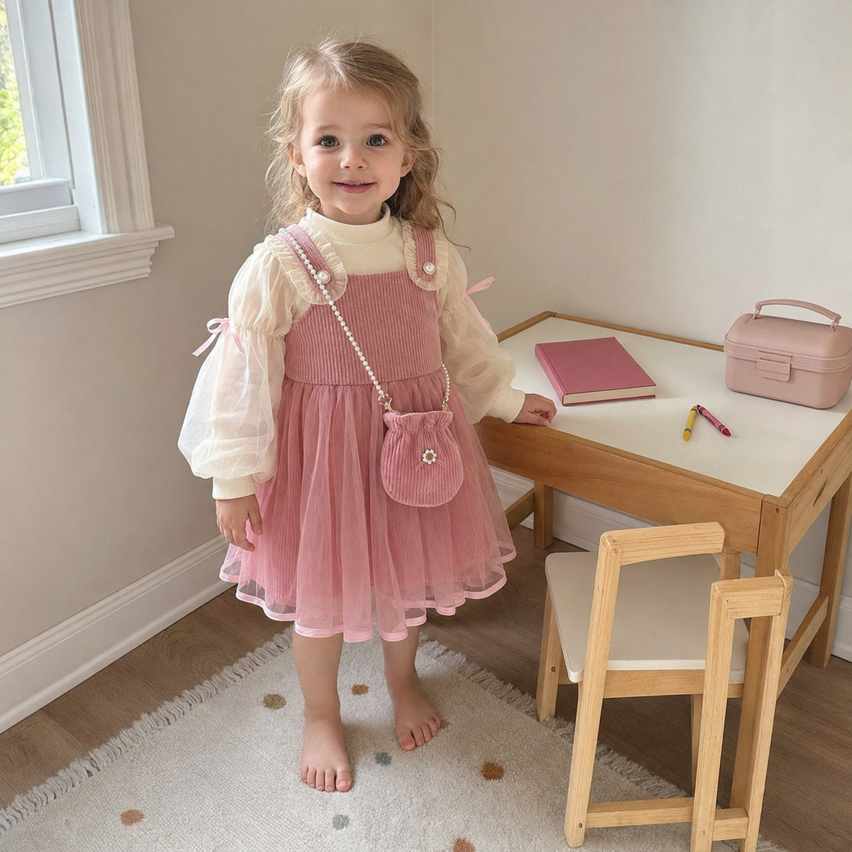 Girls dusty pink school outfit beside a home activity desk