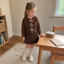 Girls Bow Knit Cardigan and Pleated Skirt, 2-Piece Back to School Outfit