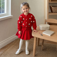 Toddler Girl Fall Outfit, Floral Knit Cardigan & Red Pleated Skirt Set