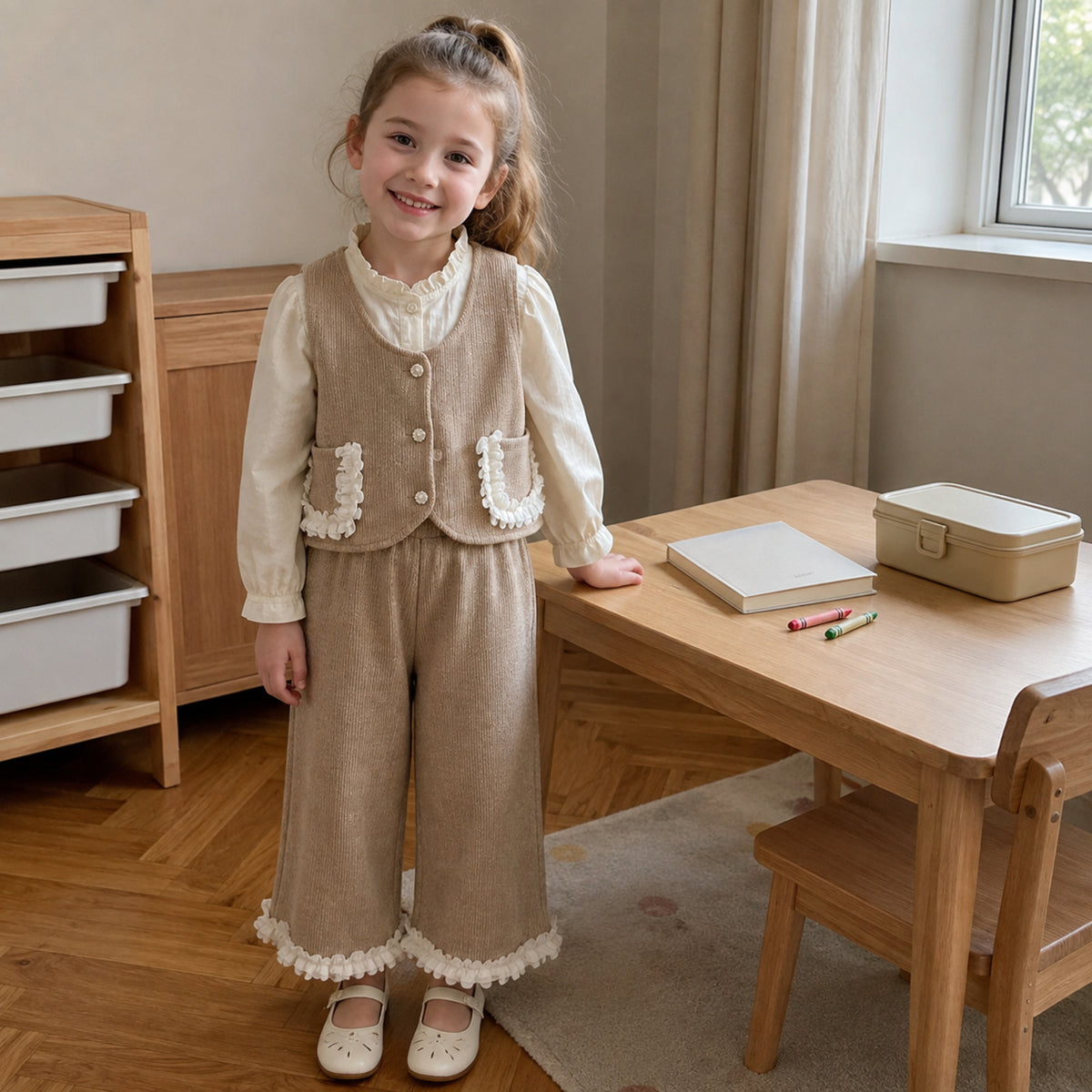 Khaki lace trim set in a home learning nook