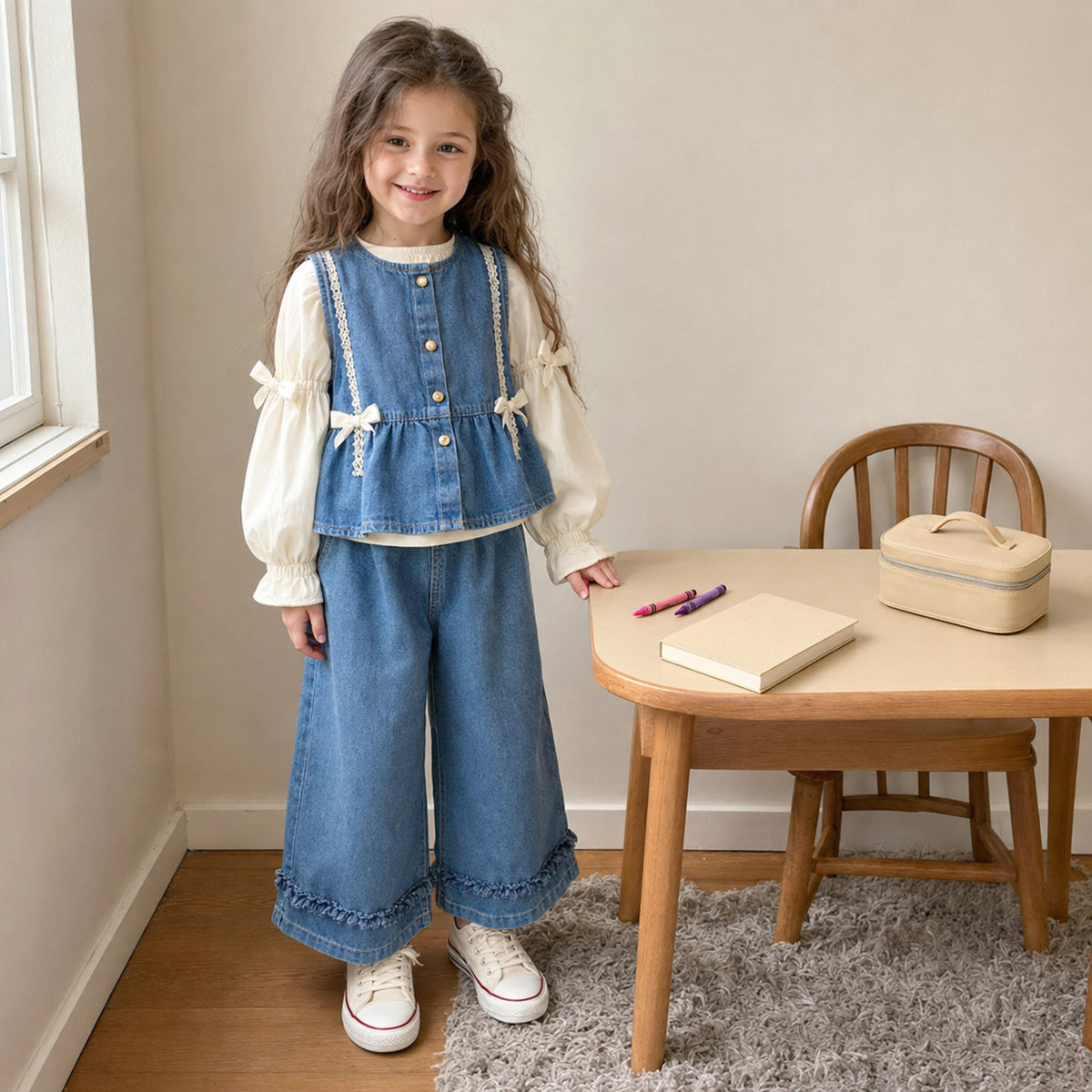 Three piece denim set in a home learning nook