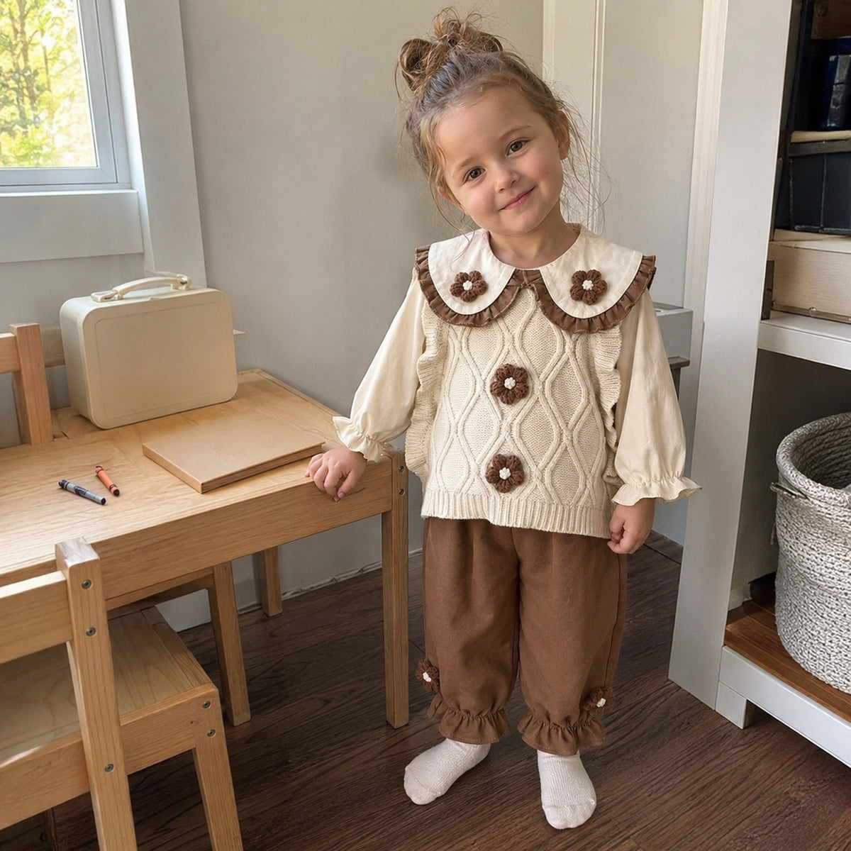 Girls warm ivory vest school outfit beside an activity desk