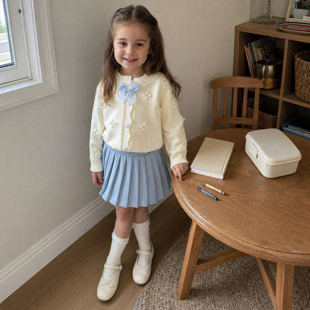 Girls Bow Cardigan and Pleated Skirt, 2-Piece Academic Back to School Set
