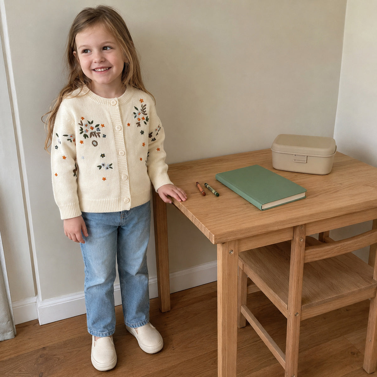 Ivory embroidered cardigan in a learning nook
