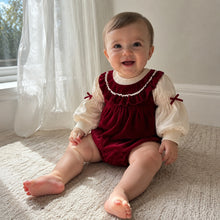 Baby Girl Red Velvet Bubble Romper with Ivory Puff Sleeves and Ruffle Collar