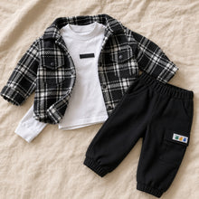 Boys Plaid Shacket, White T-Shirt and Black Jogger Pants, 3-Piece Back to School Set