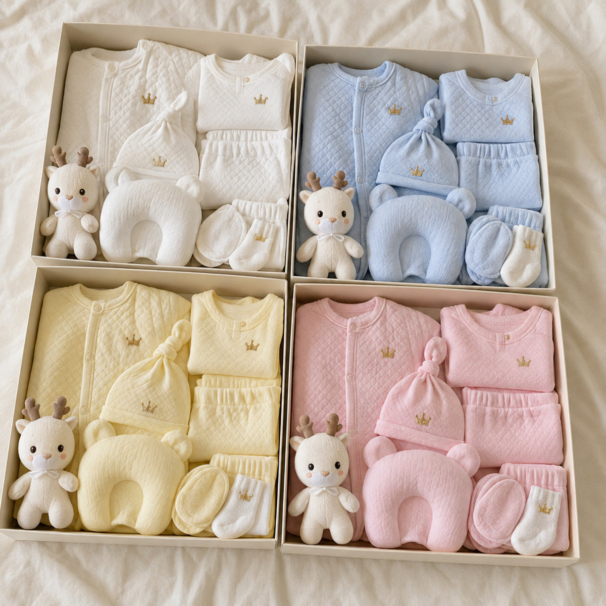White blue yellow and pink newborn gift set colors