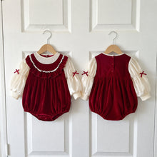 Baby Girl Red Velvet Bubble Romper with Ivory Puff Sleeves and Ruffle Collar