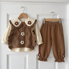Girls Cable Knit Sweater Vest, Ruffle Collar Blouse and Pants, 3-Piece Back to School Set