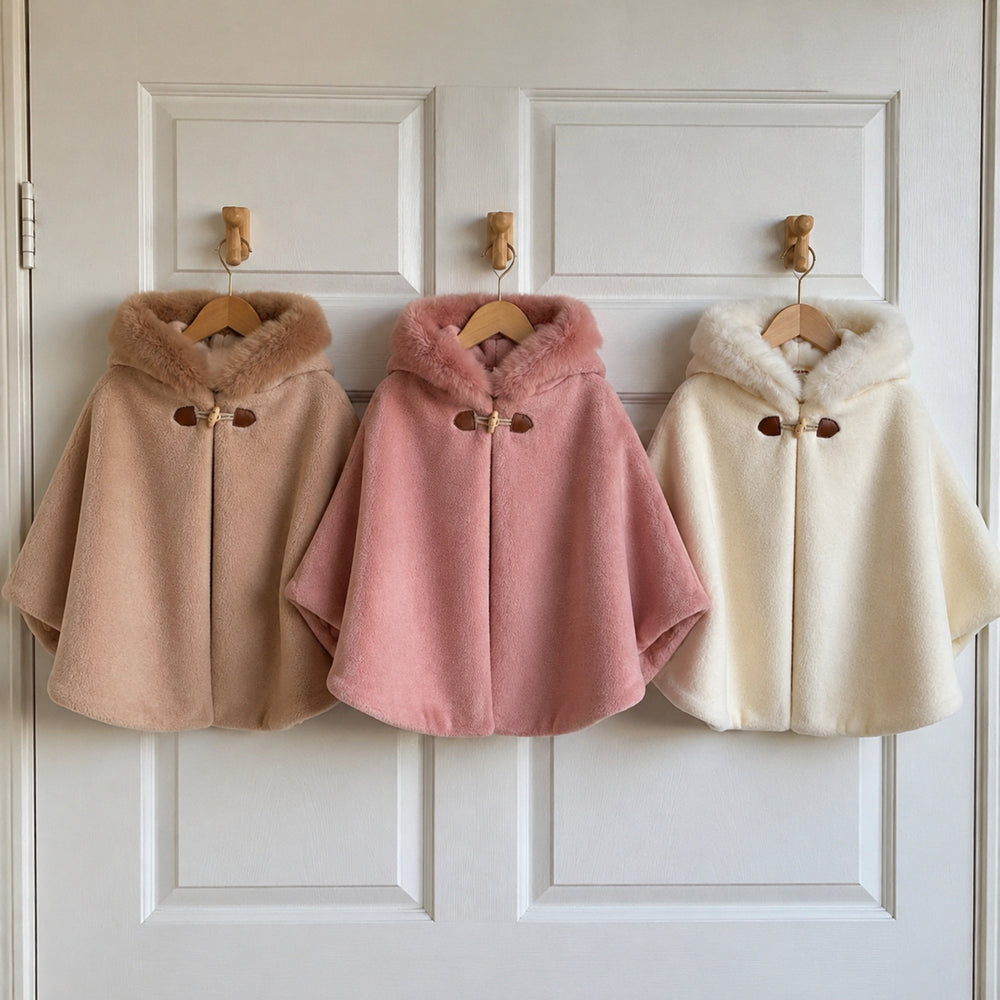 Girls Hooded Cape Coat with Faux Fur Trim, Toddler Fall Winter Poncho